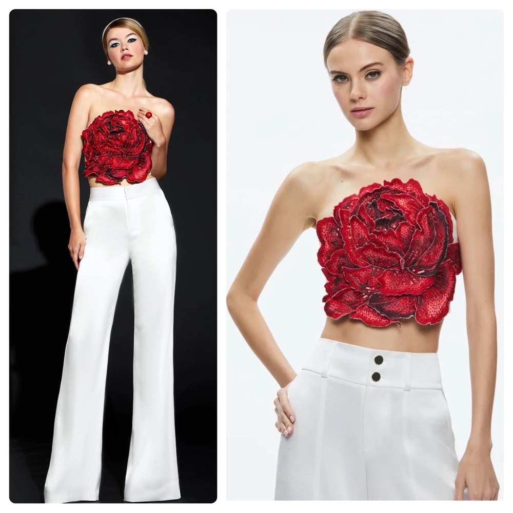 ALICE + OLIVIA Randie Crystal Floral Applique Crop Top